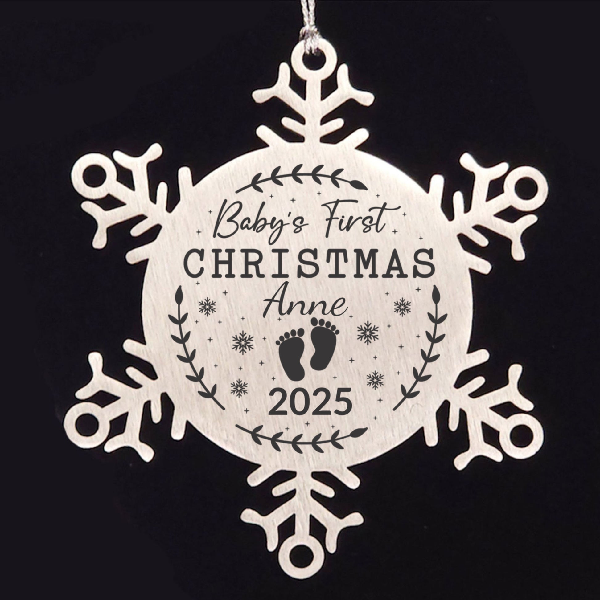 Baby's First Christmas Personalized Laser Engraved Stainless Steel Snowflake Christmas Tree Ornament - Mallard Moon