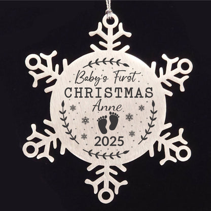 Baby's First Christmas Personalized Laser Engraved Stainless Steel Snowflake Christmas Tree Ornament - Mallard Moon