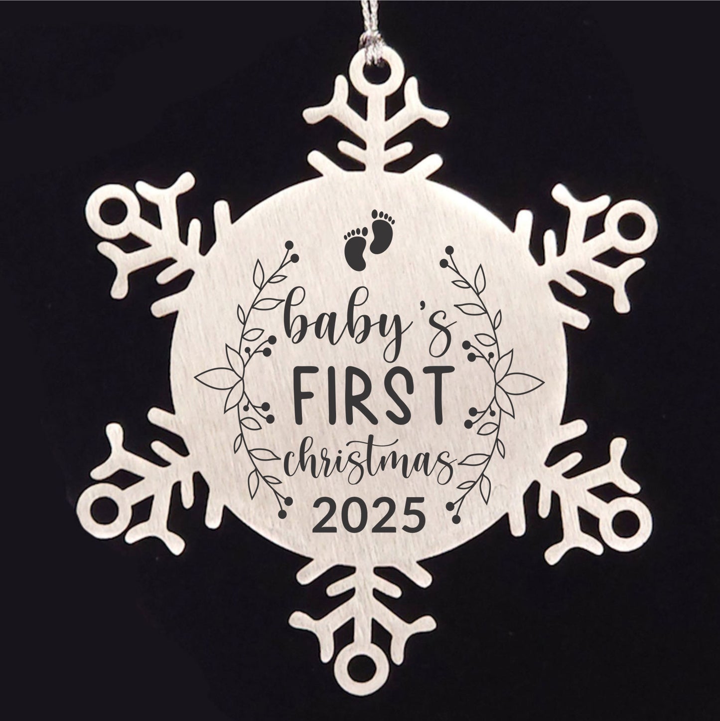 Baby's First Christmas Laser Etched Stainless Steel Snowflake Christmas Tree Ornament - Mallard Moon