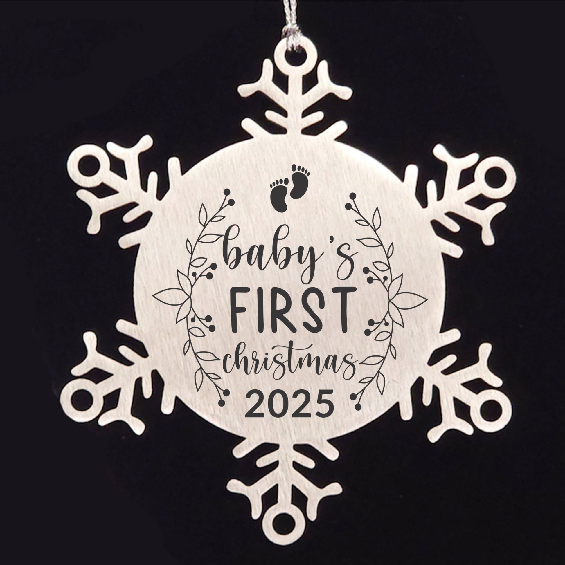 Baby's First Christmas Laser Etched Stainless Steel Snowflake Christmas Tree Ornament - Mallard Moon