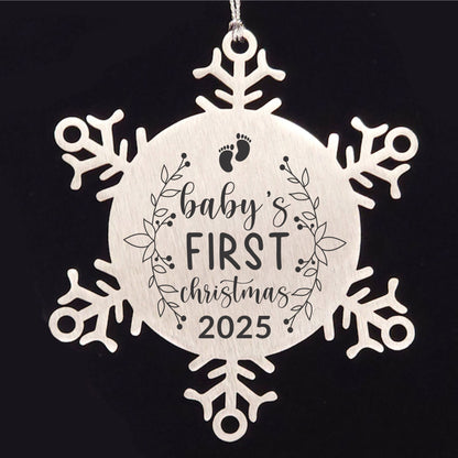Baby's First Christmas Laser Etched Stainless Steel Snowflake Christmas Tree Ornament - Mallard Moon
