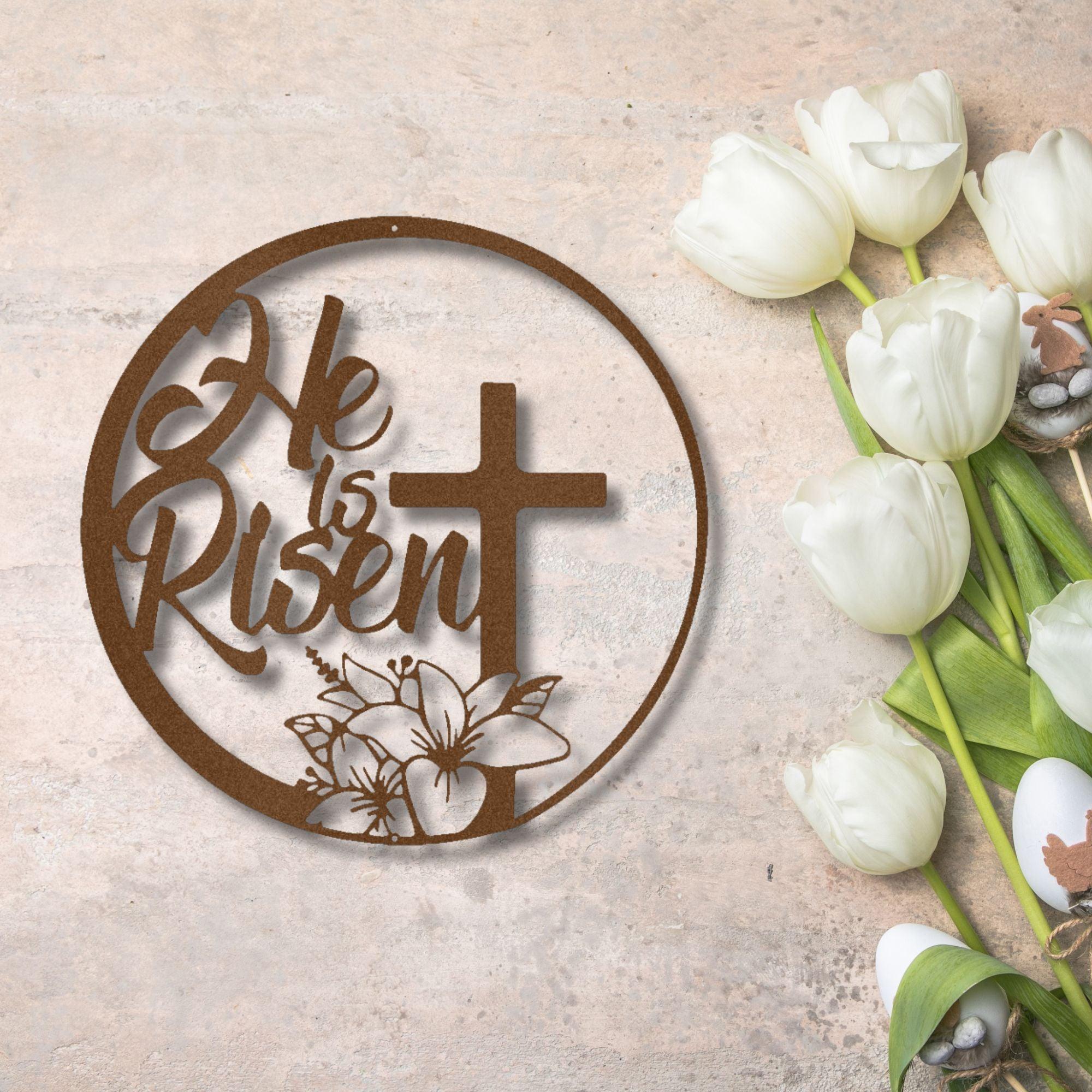 He Is Risen Easter Cross Metal Wall Sign – Christian Home Decor – 5 Sizes & 5 Colors – Religious Spring Decoration – Made in the USA – Easter Faith Gift for Home or Church - Mallard Moon Gift Shop