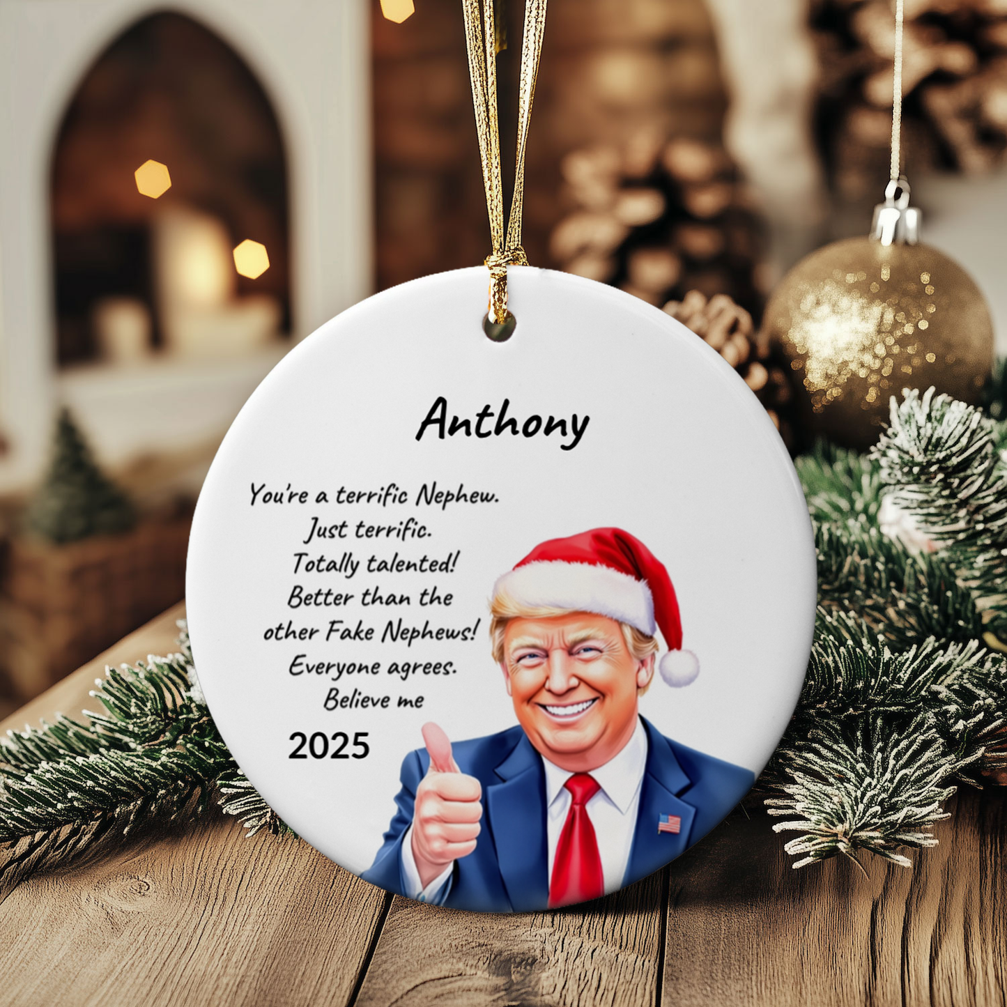Personalized Nephew - Niece Trump Christmas Ornament – Funny Santa Thumbs-Up Holiday Gift – Custom Name & Year Keepsake for Nephews