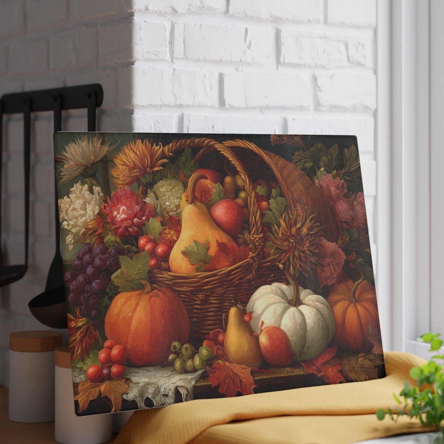 Autumn Harvest Glass Cutting Board — Thanksgiving Cornucopia Kitchen Decor
