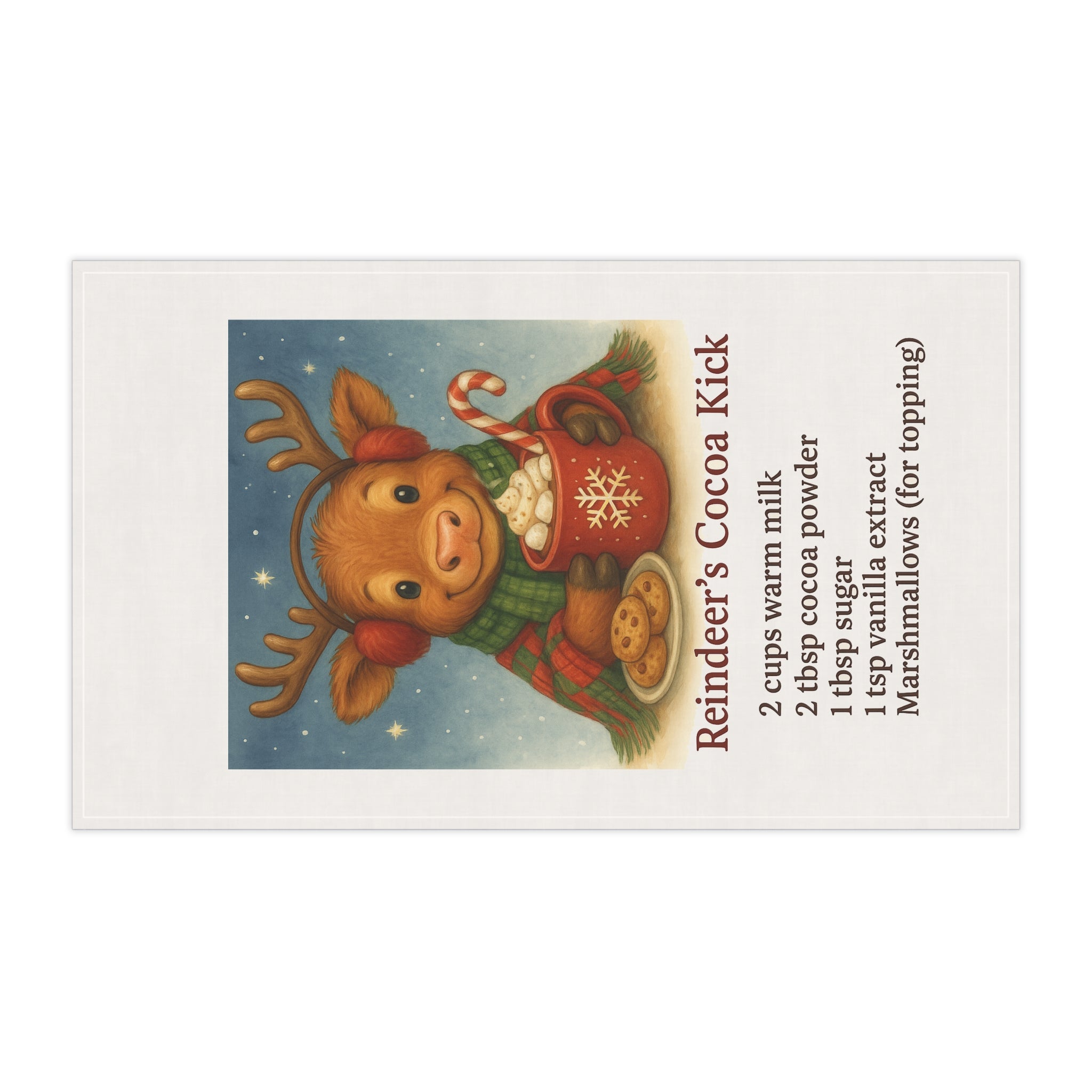 Reindeer Cocoa Kick Tea Towel — Holiday Hot Chocolate Recipe Kitchen Towel