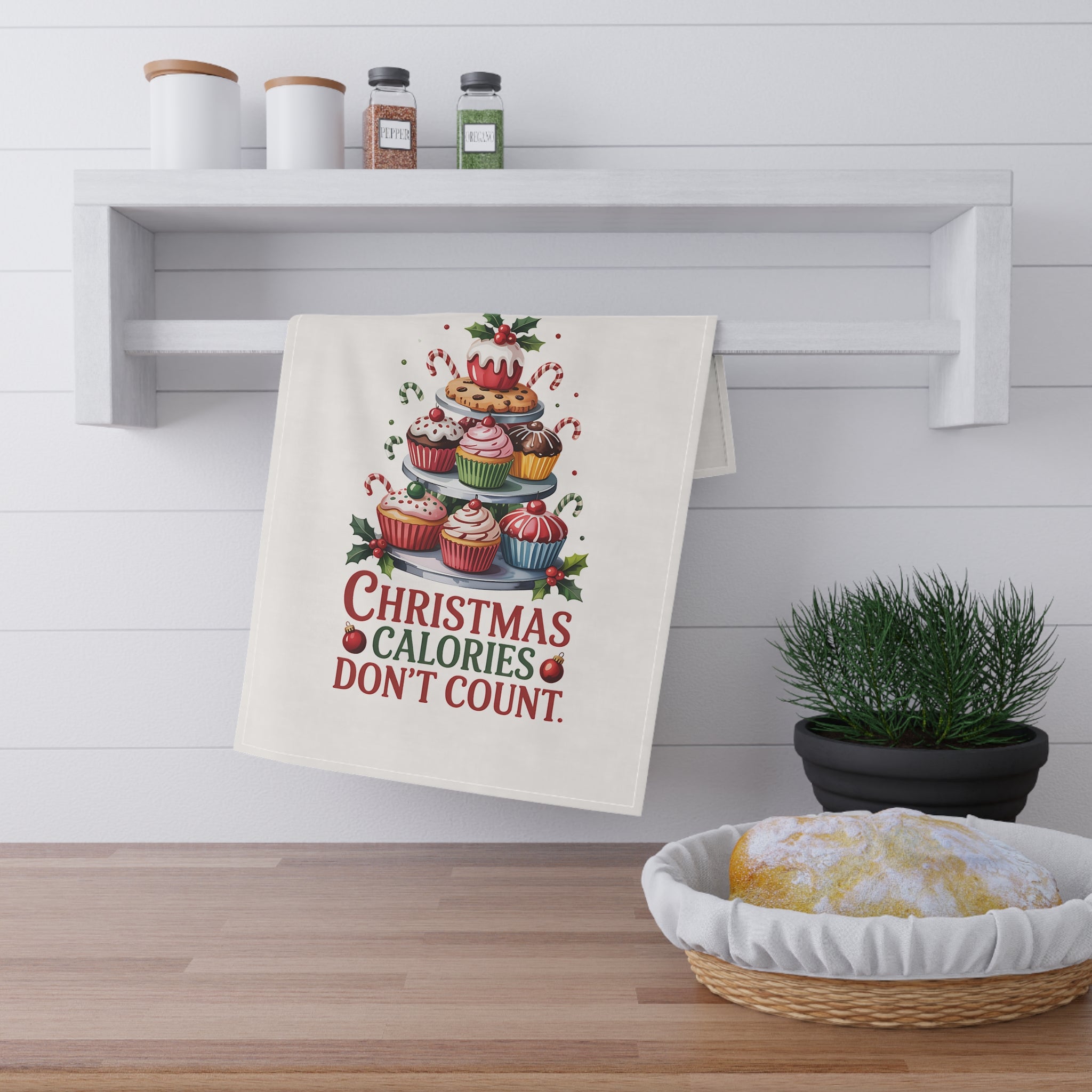 Christmas Calories Don't Count Tea Towel – Festive Cupcake Holiday Kitchen Towel
