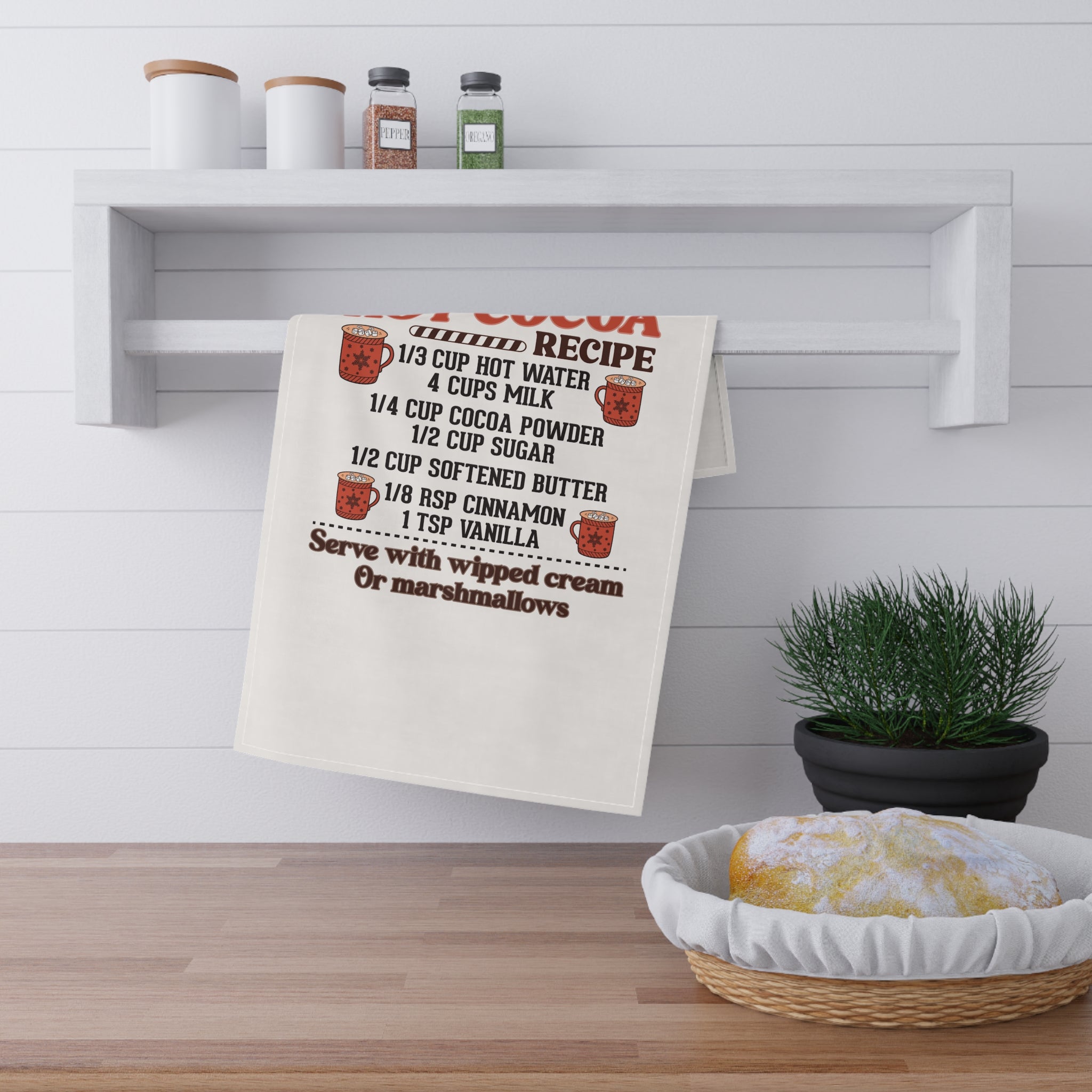 Hot Cocoa Recipe Tea Towel — Cozy Kitchen Towel with Hot Chocolate Ingredients