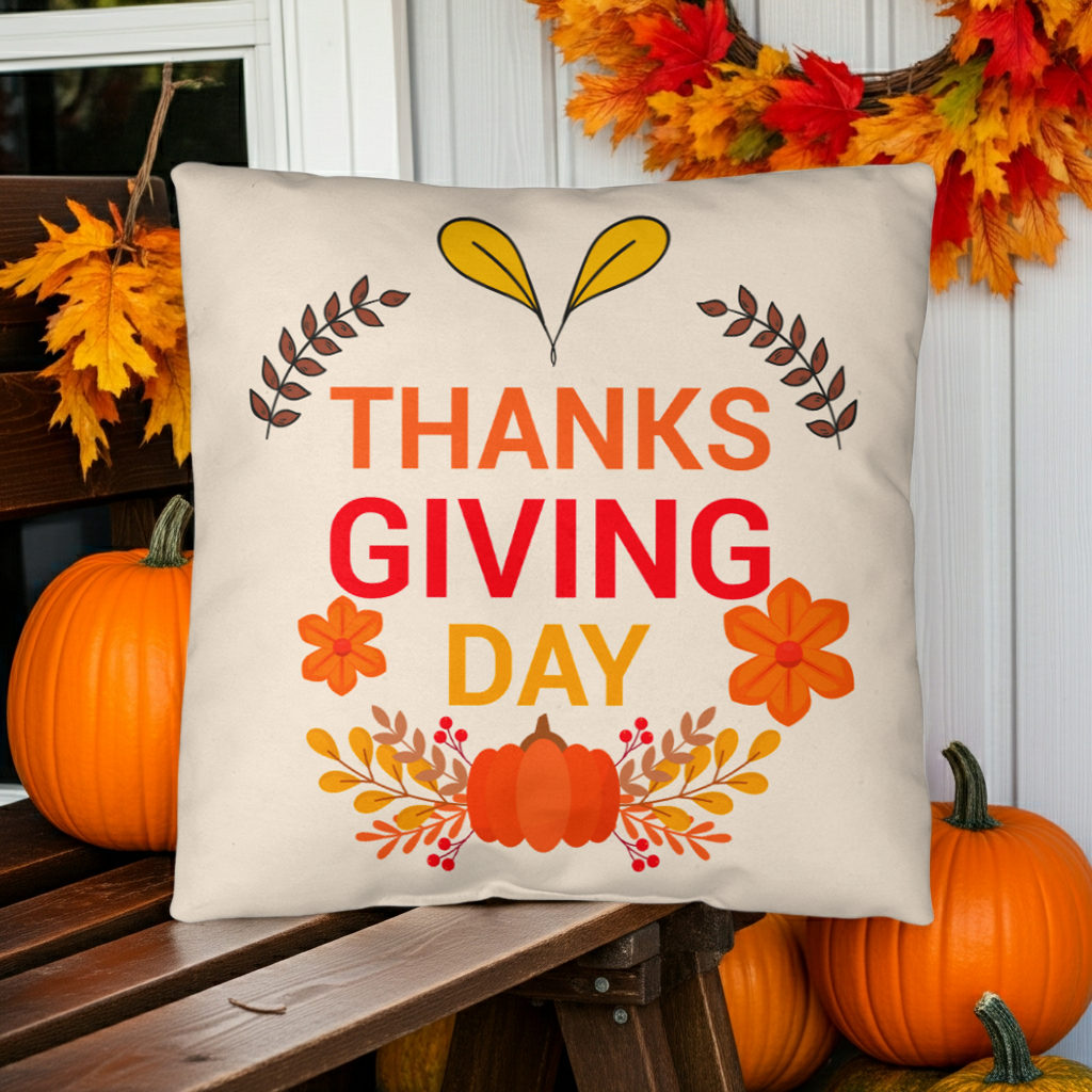 Thanksgiving Day Throw Pillow – Festive Pumpkin & Floral Fall Accent Cushion – Indoor/Outdoor, 3 Sizes - Mallard Moon