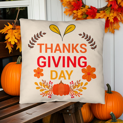 Thanksgiving Day Throw Pillow – Festive Pumpkin & Floral Fall Accent Cushion – Indoor/Outdoor, 3 Sizes - Mallard Moon