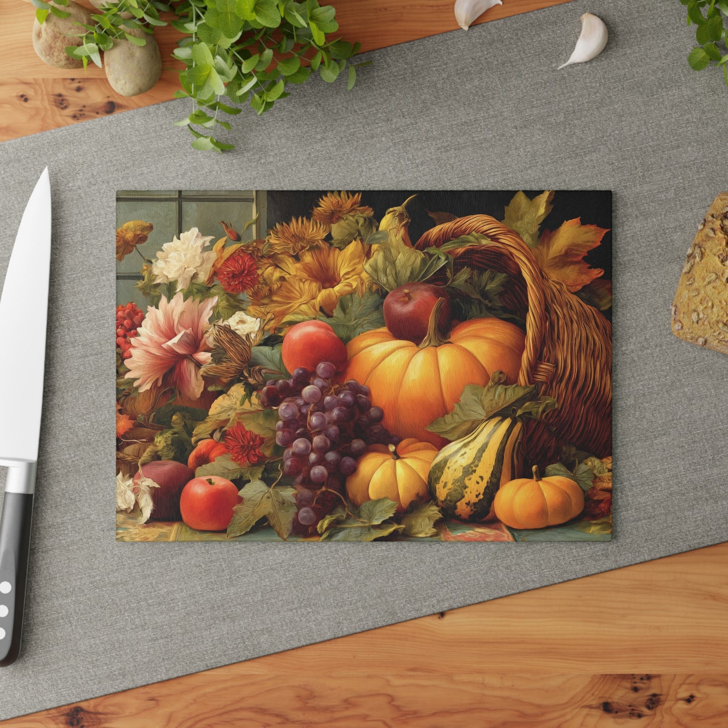 Autumn Harvest Glass Cutting Board — Cornucopia Pumpkins & Fall Fruit Kitchen Decor
