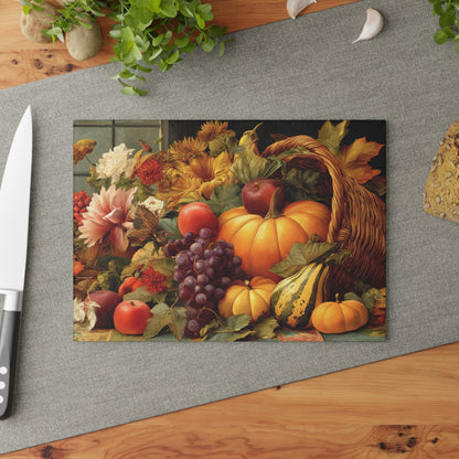 Autumn Harvest Glass Cutting Board — Cornucopia Pumpkins & Fall Fruit Kitchen Decor