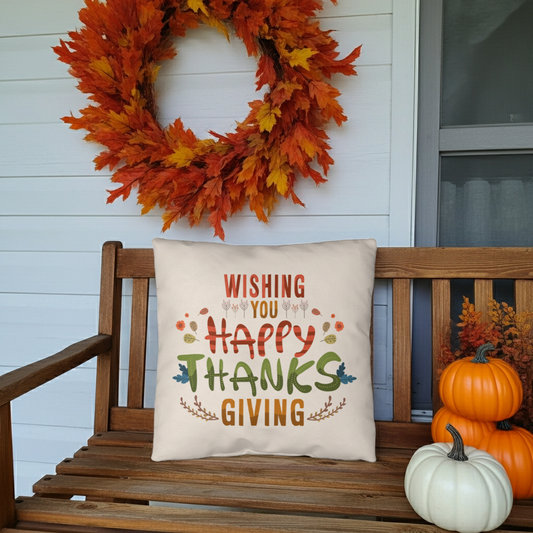 Wishing You a Happy Thanksgiving Throw Pillow – Indoor/Outdoor Fall Accent Cushion – Available in 3 Sizes - Mallard Moon