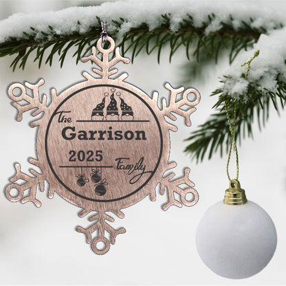 Personalized 3 Gnome Family Snowflake Ornament – Custom Stainless Steel Christmas Keepsake with Gift Bag – Engraved Names & Dates Holiday Decor for Family, Friends, Couples - Mallard Moon