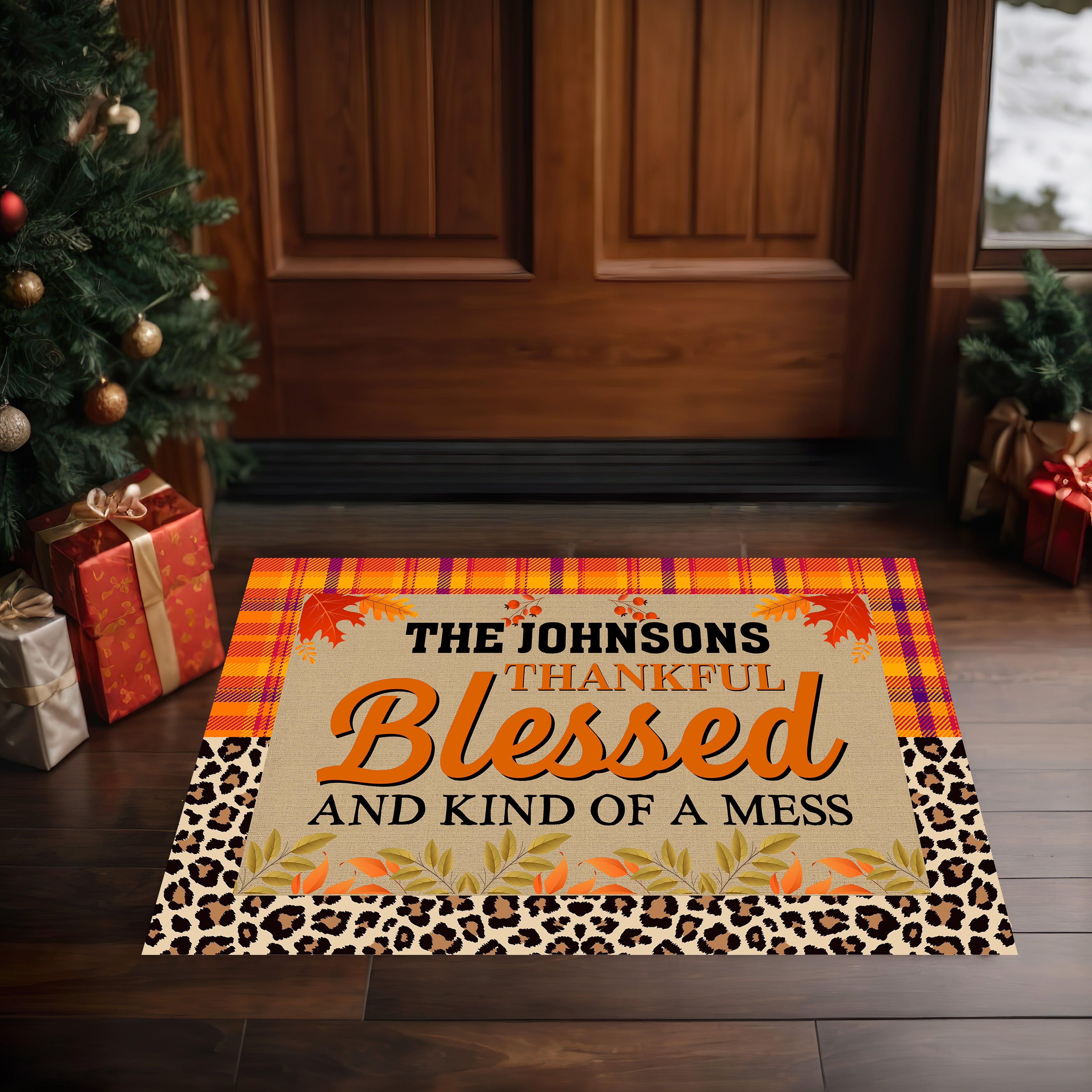 Personalized Thanksgiving Doormat – “Thankful, Blessed, and Kind of a Mess” Custom Family Name Fall Welcome Mat with Plaid and Leopard Print Design