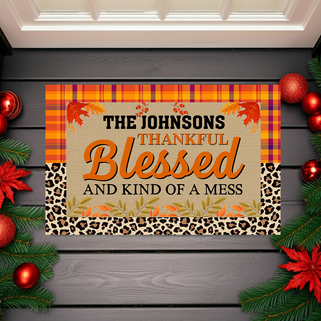 Personalized Thanksgiving Doormat – “Thankful, Blessed, and Kind of a Mess” Custom Family Name Fall Welcome Mat with Plaid and Leopard Print Design