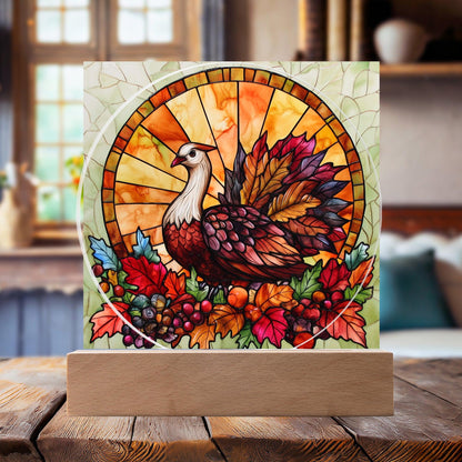 Turkey Stained-glass Round Acrylic Plaque - LED Lighted Wooden Base - Mallard Moon Gift Shop