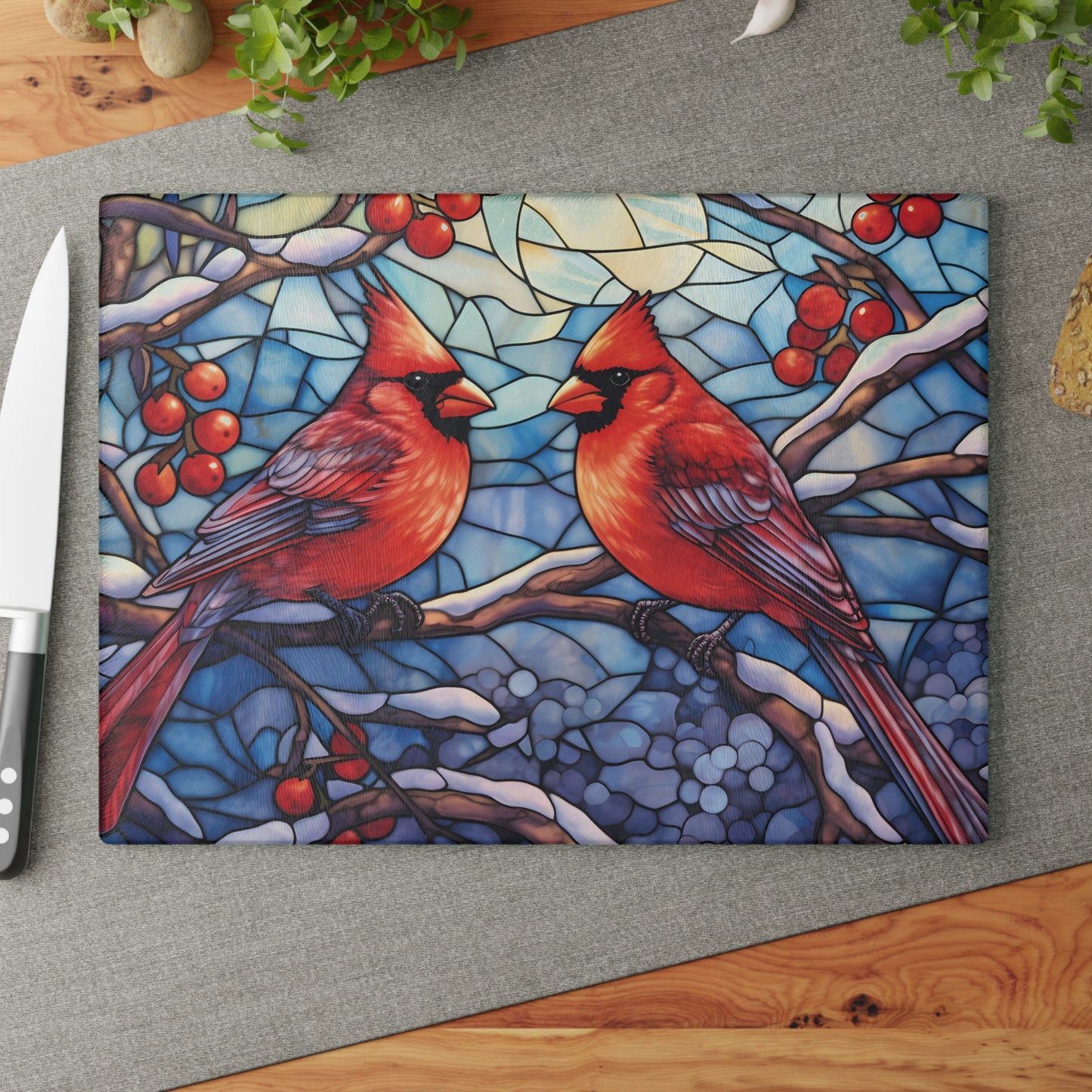 Cardinal Stained-Glass Glass Cutting Board — Decorative Holiday Kitchen Trivet
