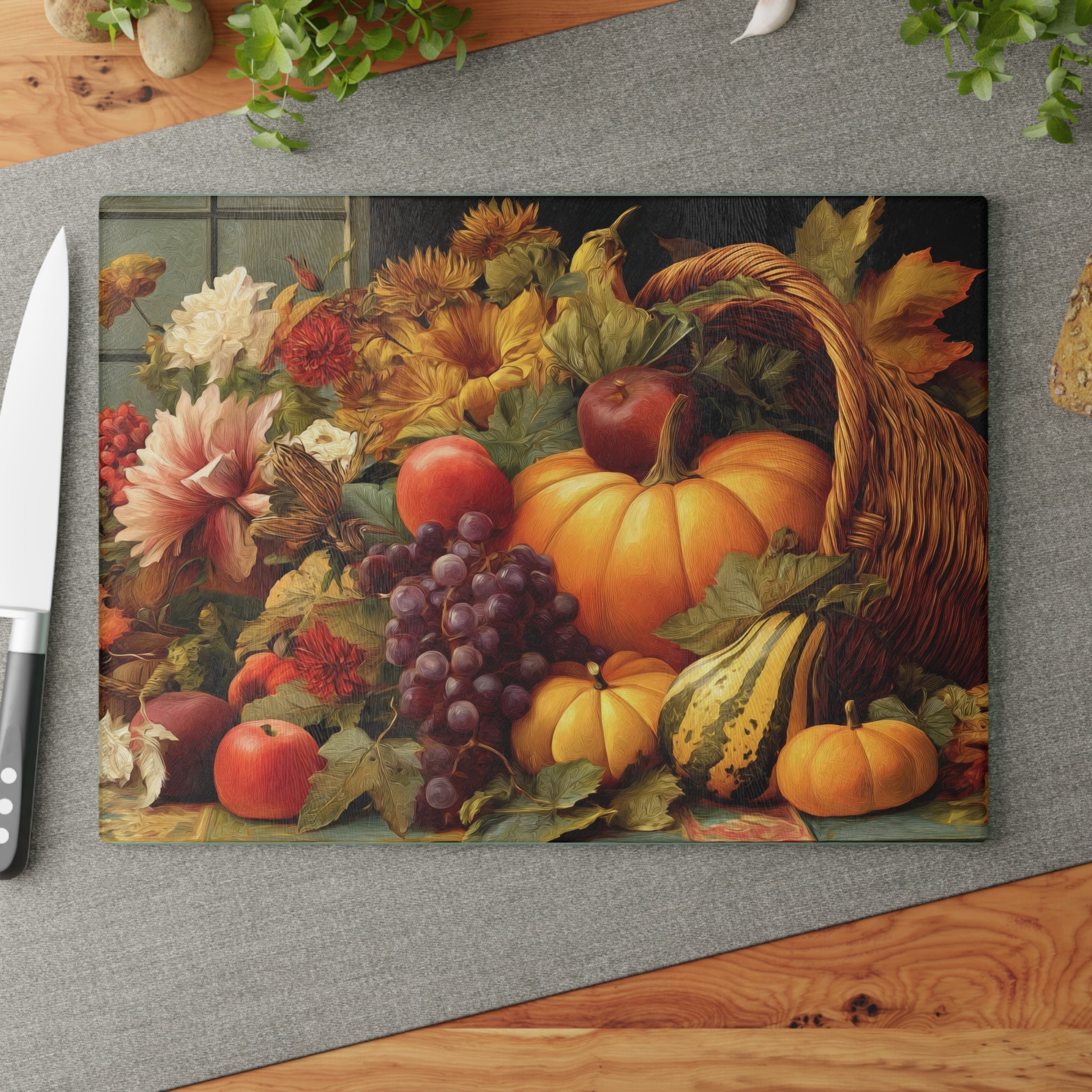 Autumn Harvest Glass Cutting Board — Cornucopia Pumpkins & Fall Fruit Kitchen Decor