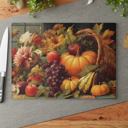 Autumn Harvest Glass Cutting Board — Cornucopia Pumpkins & Fall Fruit Kitchen Decor