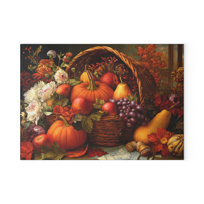 Autumn Harvest Glass Cutting Board — Pumpkin & Fruit Still Life Kitchen Décor