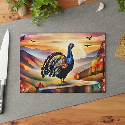 Glass Cutting Board — Colorful Turkey Sunset Kitchen Cutting Board, Autumn Farmhouse Décor