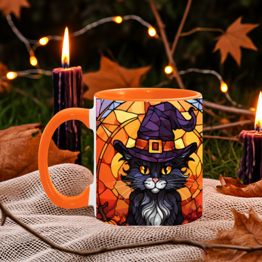 Halloween Black Cat Witch Stained Glass Ceramic Two-tone Mug – Spooky Fall Coffee Cup for Cat Lovers - Mallard Moon