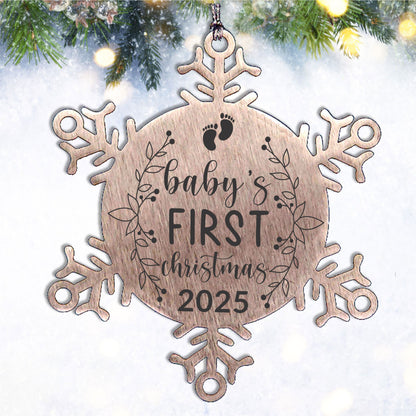 Baby's First Christmas Laser Etched Stainless Steel Snowflake Christmas Tree Ornament - Mallard Moon