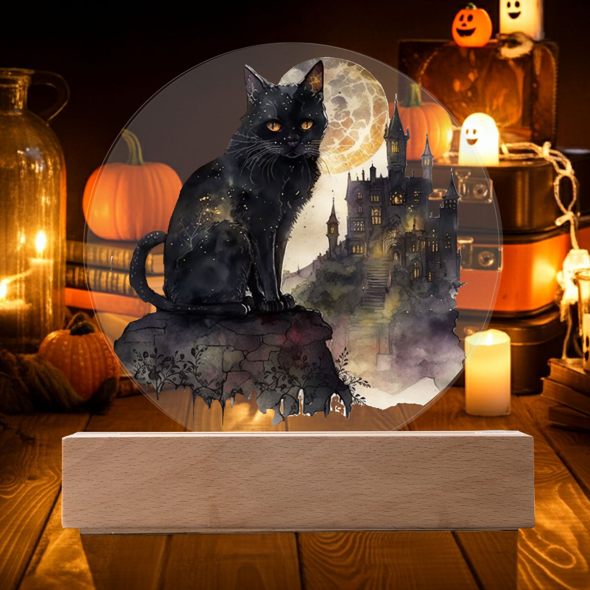 All Hallow's Black Cat Silhouette Acrylic Plaque Halloween Decor with Lighted LED Wooden Base - Mallard Moon