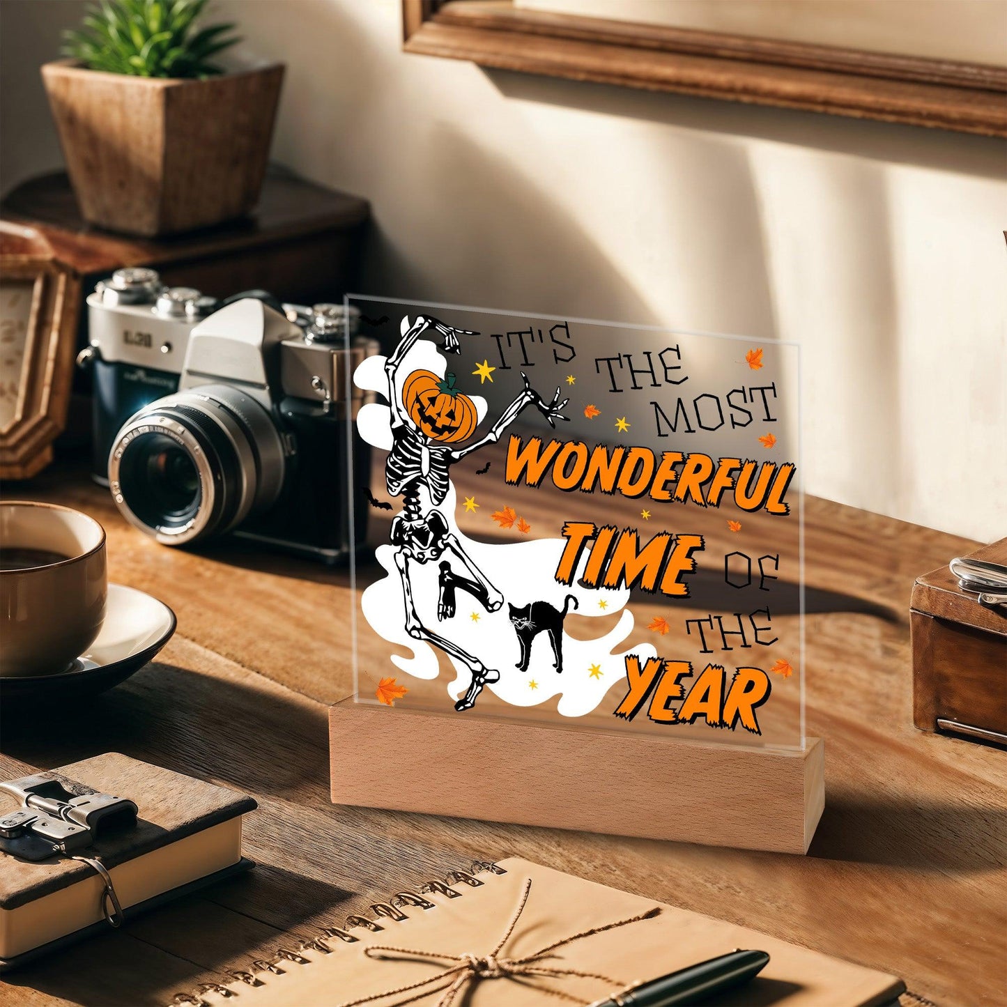 Halloween Decor - The Most Wonderful Time of the Year Acrylic Square Plaque with LED Wooden Base - Mallard Moon Gift Shop