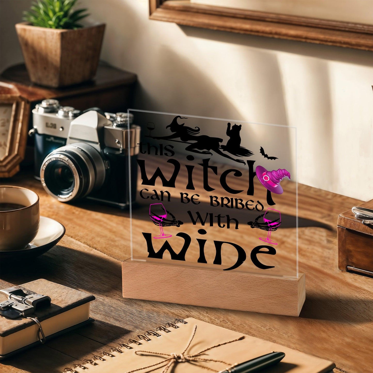 This Witch Can Be Bribed With Wine Halloween Acrylic Square Plaque with LED Wooden Base - Mallard Moon Gift Shop