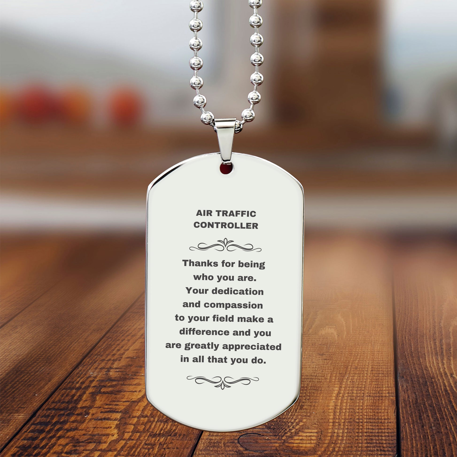 Air Traffic Controller Silver Dog Tag Necklace – Laser Engraved Stainless Steel Pendant with Appreciation Message – Durable, Tarnish-Resistant Jewelry Gift for Aviation Professionals - Mallard Moon Gift Shop