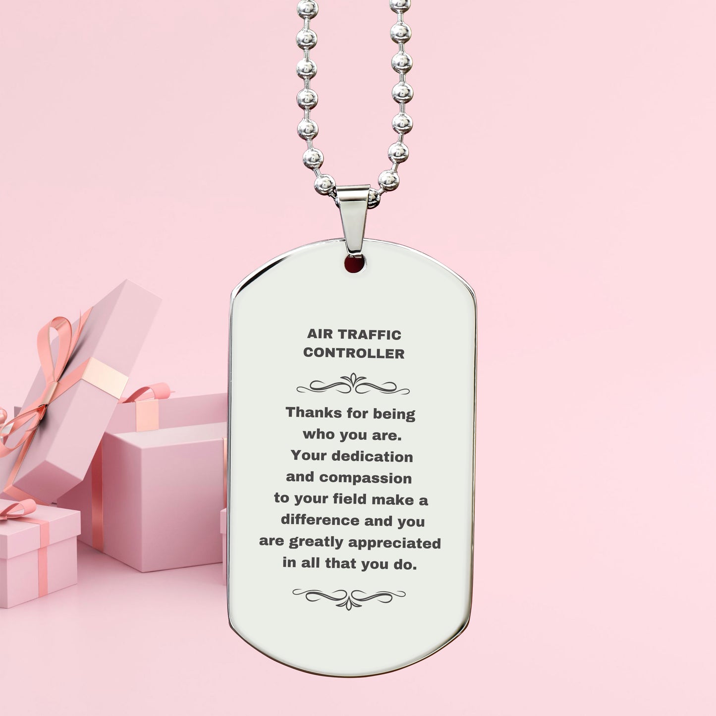 Air Traffic Controller Silver Dog Tag Necklace – Laser Engraved Stainless Steel Pendant with Appreciation Message – Durable, Tarnish-Resistant Jewelry Gift for Aviation Professionals - Mallard Moon Gift Shop