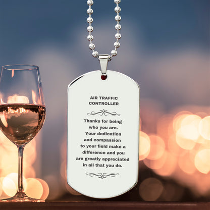 Air Traffic Controller Silver Dog Tag Necklace – Laser Engraved Stainless Steel Pendant with Appreciation Message – Durable, Tarnish-Resistant Jewelry Gift for Aviation Professionals - Mallard Moon Gift Shop