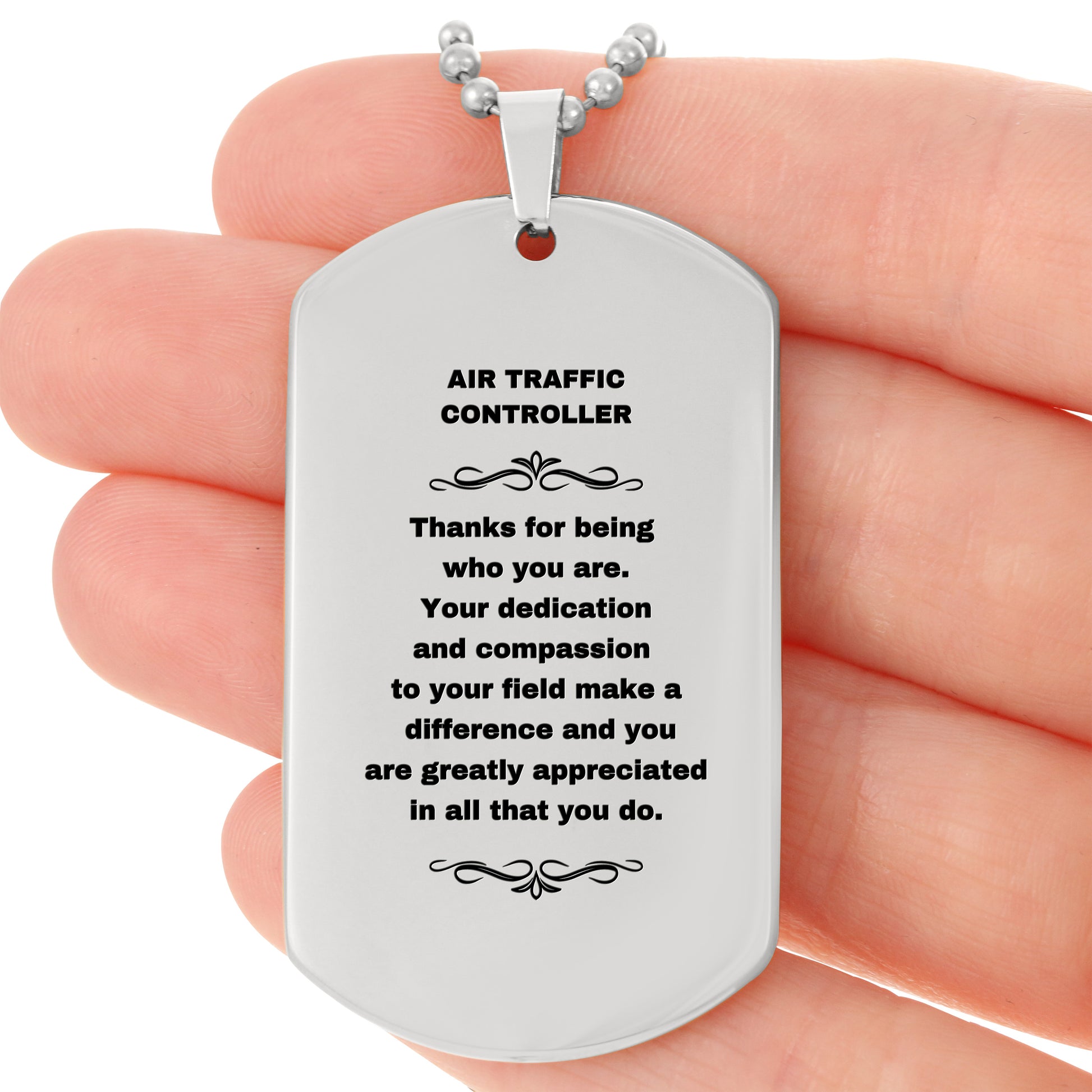 Air Traffic Controller Silver Dog Tag Necklace – Laser Engraved Stainless Steel Pendant with Appreciation Message – Durable, Tarnish-Resistant Jewelry Gift for Aviation Professionals - Mallard Moon Gift Shop