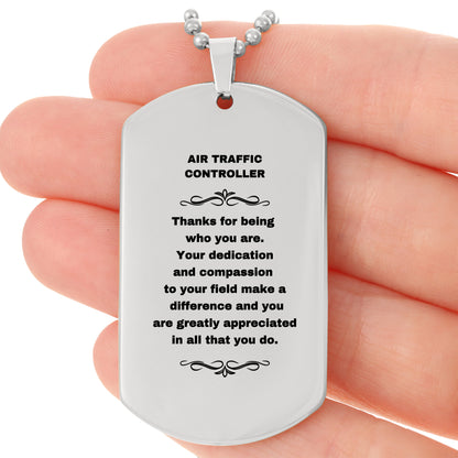 Air Traffic Controller Silver Dog Tag Necklace – Laser Engraved Stainless Steel Pendant with Appreciation Message – Durable, Tarnish-Resistant Jewelry Gift for Aviation Professionals - Mallard Moon Gift Shop