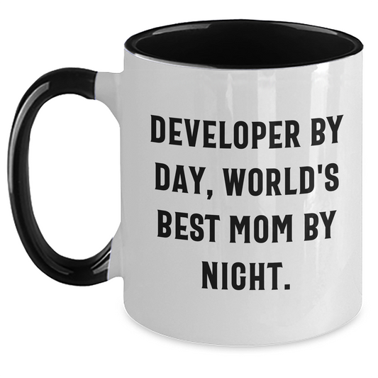 Funny Developer Gifts from Mom - Two Tone Coffee Mug, Developer By Day, World's Best Mom By Night., Graduation Unique Gifts for Developers, Friends, Family - Main