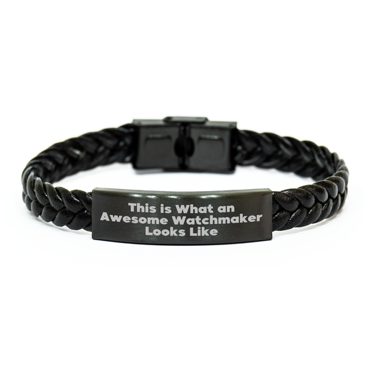 Watchmaker Gifts from Men - Inspirational Interlaced Leather Bracelet for Watchmakers on Father's Day, Quote: 'This Is What An Awesome Watchmaker Looks Like' - Image 1