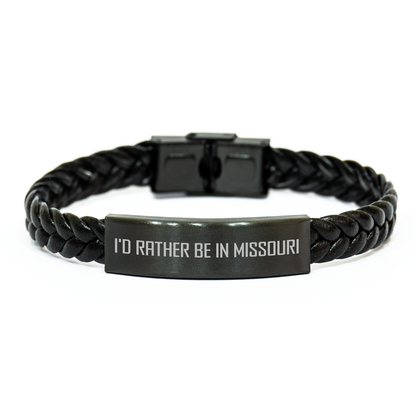 Funny Missourian Gifts, I'd Rather Be In Missouri Interlaced Leather Bracelet for Men, Unique Father's Day Unique Gifts from Family, Handmade with Love - Image 1