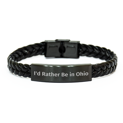 Funny Ohio Gifts - 'I'd Rather Be In Ohio' Interlaced Leather Bracelet, Unique Father's Day Unique Gifts for Men, Ohio Enthusiasts, Leather Accessories from Friends, Coworkers, or Family - Image 1