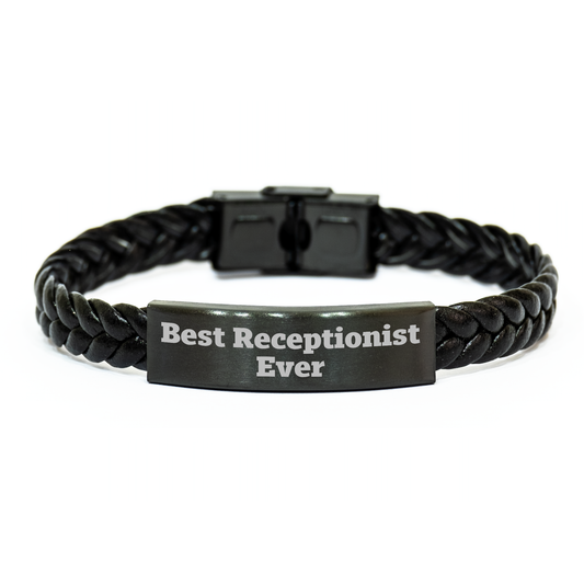 Funny Receptionist Gifts, Best Receptionist Ever Quote, Interlaced Leather Bracelet for Men, Unique Father's Day Unique Gifts from Family - Image 1