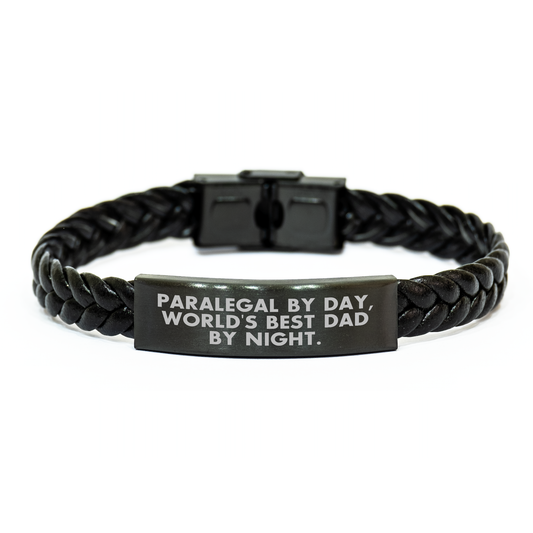 Paralegal Gifts for Dad, 'Paralegal By Day, World's Best Dad By Night.' Interlaced Leather Bracelet - Father's Day Unique Gifts from Men - Image 1