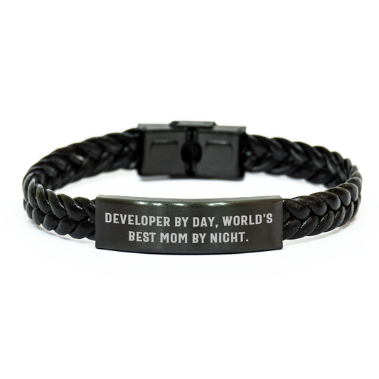 Developer Gifts from Mom - Interlaced Leather Bracelet, 'Developer By Day, World's Best Mom By Night.' Quote for Graduation Unique Gifts for Developer - Image 1