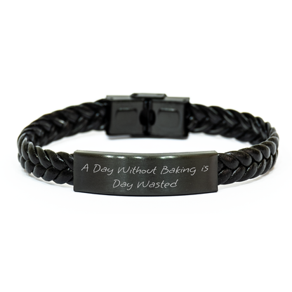 Baking Enthusiasts' Delight, Funny Quote, Interlaced Leather Bracelet Gifts for Men, 'A Day Without Baking Is Day Wasted', Unique Father's Day - Image 1