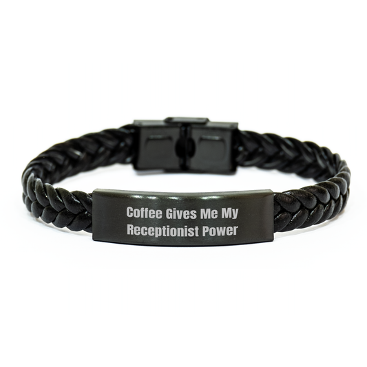 Funny Graduation Gifts for Receptionists - Coffee Gives Me My Receptionist Power Interlaced Leather Bracelet from Friends to Coworkers - Image 1