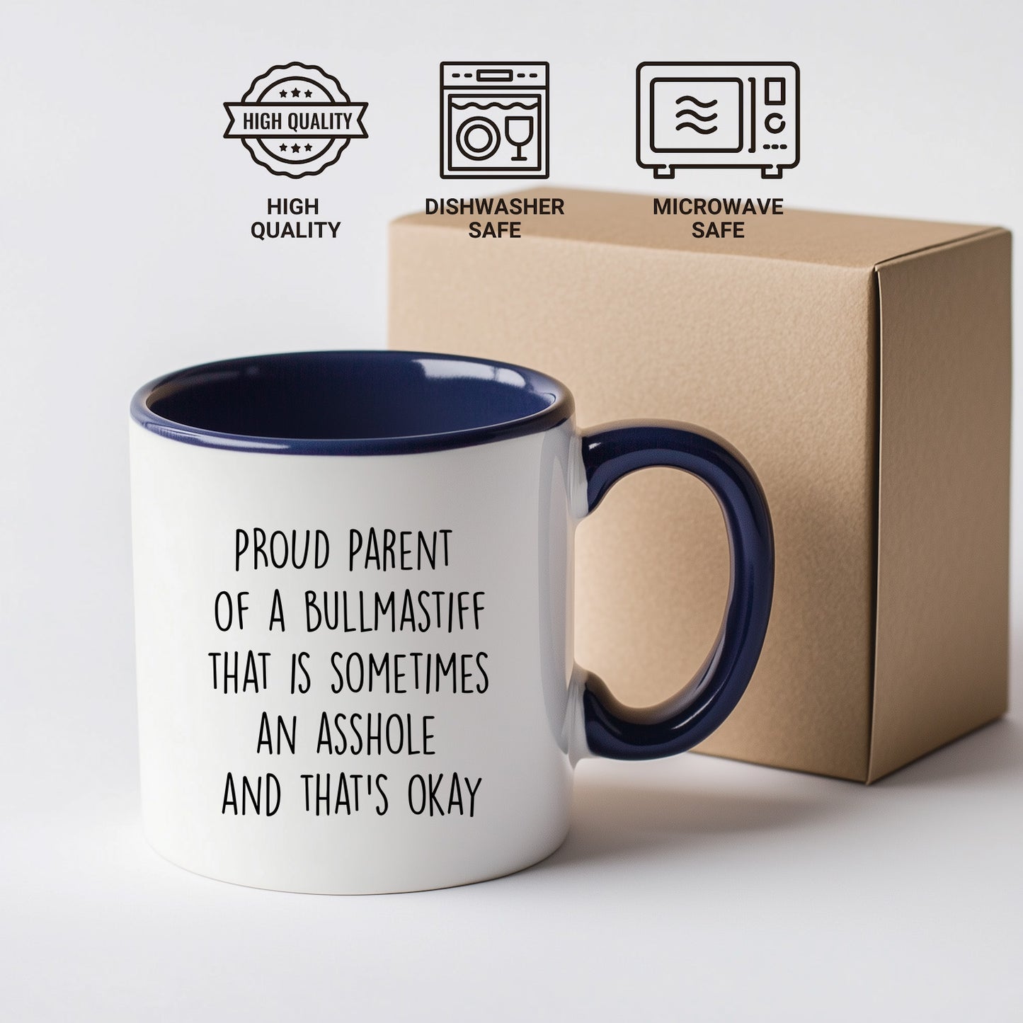 Funny Bullmastiff Dog Parent Color Accent Mug – “Proud Parent of a Bullmastiff That Is Sometimes an Asshole” – Two-Tone Coffee Cup, 11oz or 15oz in 7 Colors - Mallard Moon Gift Shop