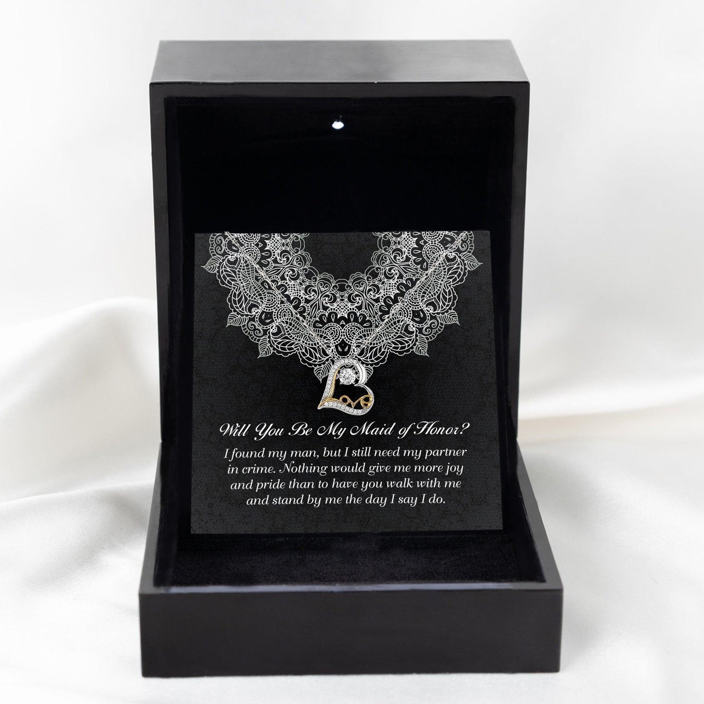 Maid of Honor Wedding Proposal Gift - Partner In Crime - Love Dancing Heart Pendant Necklace - Mallard Moon Gift Shop