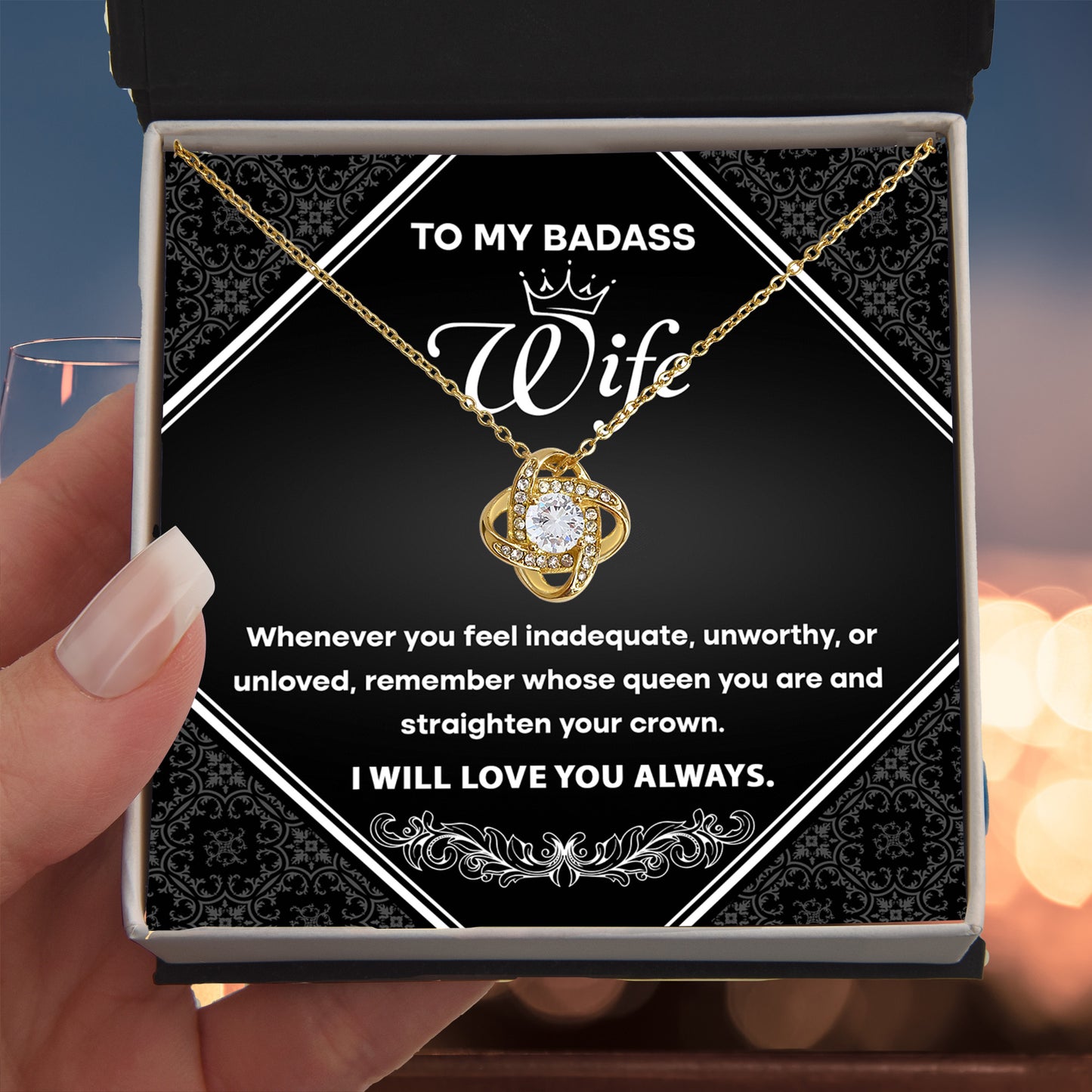 To My Badass Wife - Romantic Love Knot Necklace with Message Card - Empowering Gift for the Queen of My Heart - Mallard Moon Gift Shop