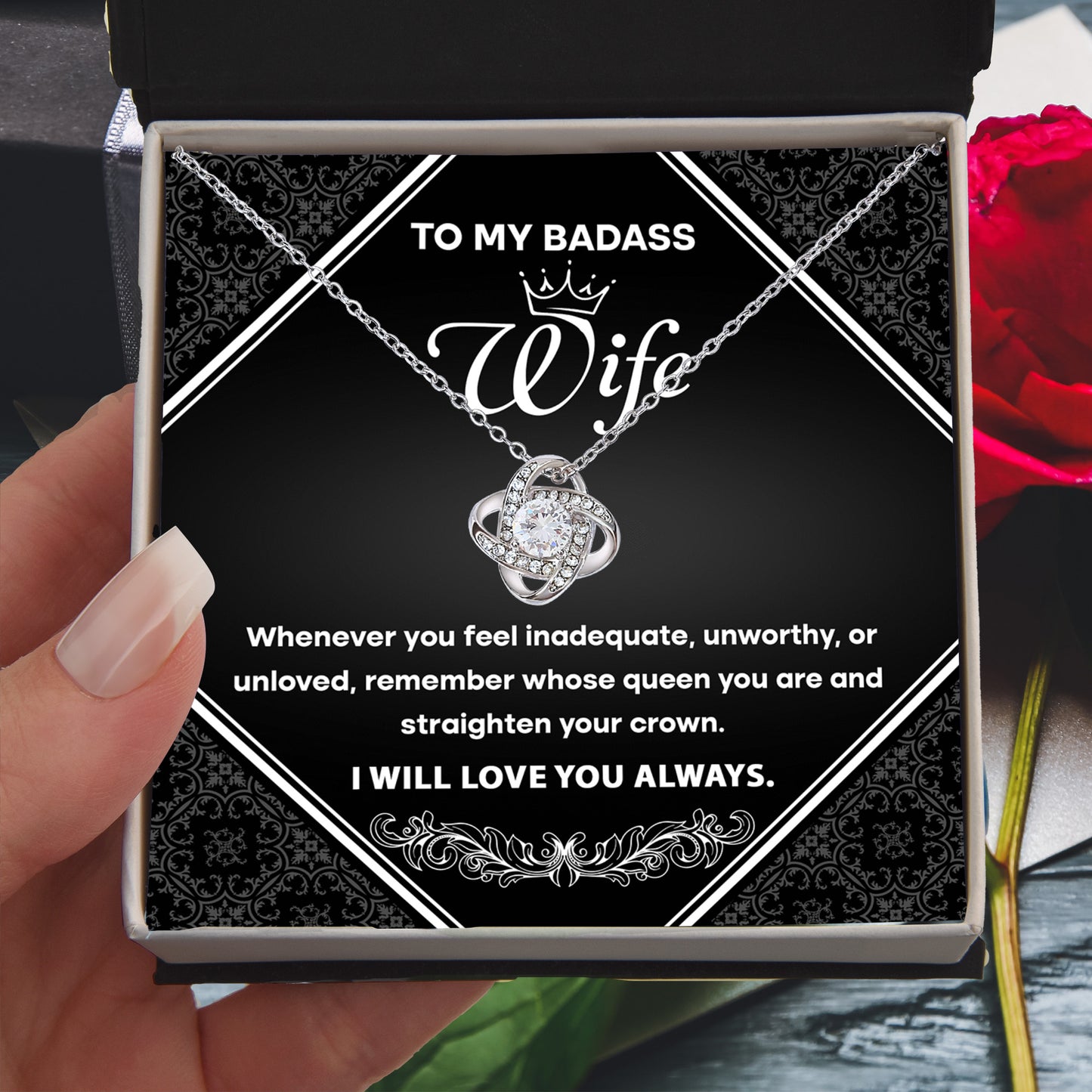 To My Badass Wife - Romantic Love Knot Necklace with Message Card - Empowering Gift for the Queen of My Heart - Mallard Moon Gift Shop