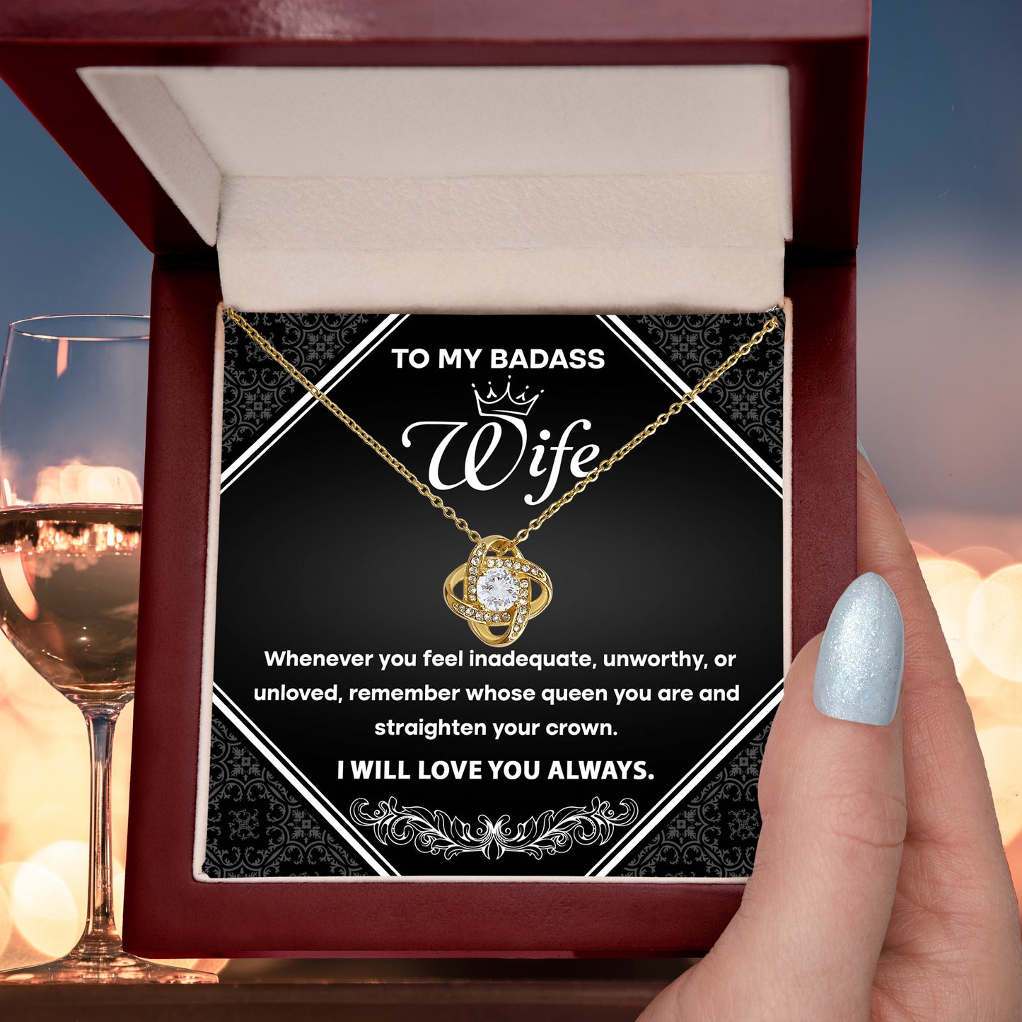 To My Badass Wife - Romantic Love Knot Necklace with Message Card - Empowering Gift for the Queen of My Heart - Mallard Moon Gift Shop