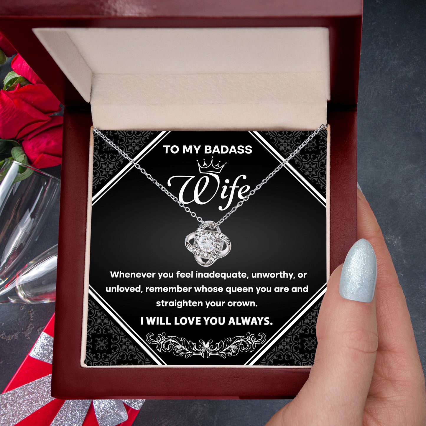 To My Badass Wife - Romantic Love Knot Necklace with Message Card - Empowering Gift for the Queen of My Heart - Mallard Moon Gift Shop